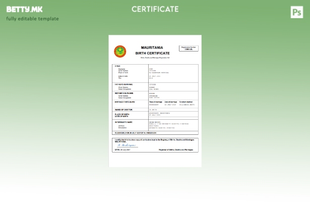 модерен стил Мавританија извод од матична книга на родени Шаблон за Word и PDF